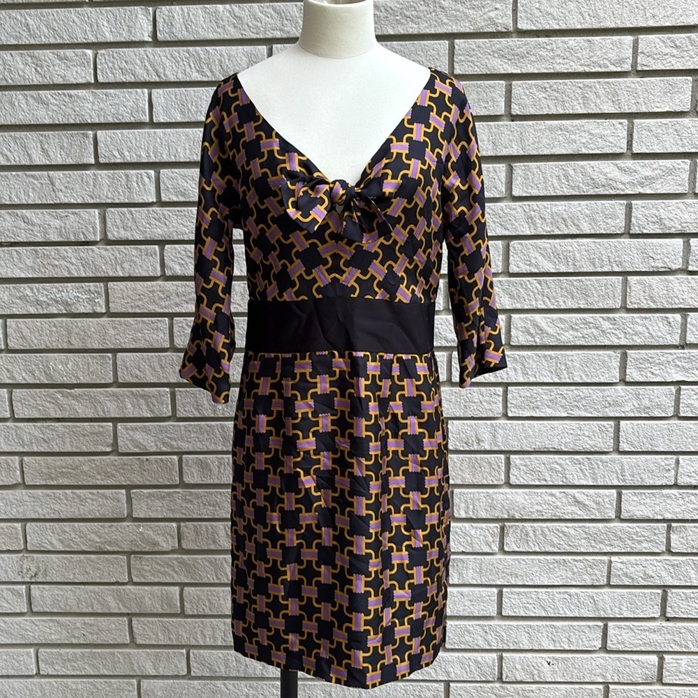 Milly Black and Orange V-Neck Silk Dress 3/4 Sleeves with Bow Size 10